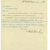 Letter from M. A. Moody of The Dalles National Bank to Cyrus Walker in response to a previous letter Letter from M. A. Moody of The Dalles National Bank to Cyrus Walker in response to a previous letter